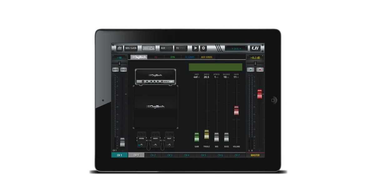 Interface de mixage de l'app Soundcraft Ui sur tablette : voies, faders et depart auxiliaire.
