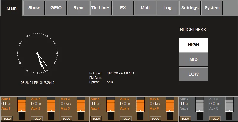 Soundcraft Vi1, Menu principal, onglet Main : version, horloge, uptime et luminosité