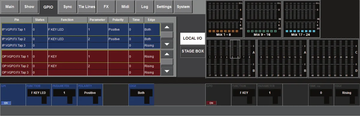 Soundcraft Vi1, Page GPIO du menu principal