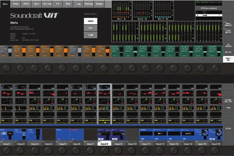 Soundcraft Vi1, Vue d'ensemble de l'écran tactile : zone master en haut, pages des 16 tranches en bas