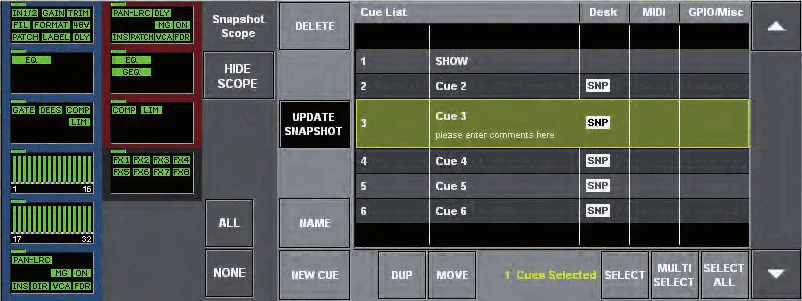 Soundcraft Vi1, Page Cue List et Snapshot Scope