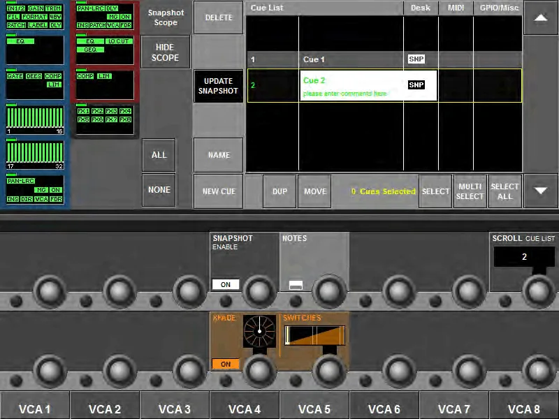 Soundcraft Vi2, Gestion des snapshots : liste des cues, scope et mise à jour des snapshots (capture du manuel commun Vi2, Vi4 et Vi6)