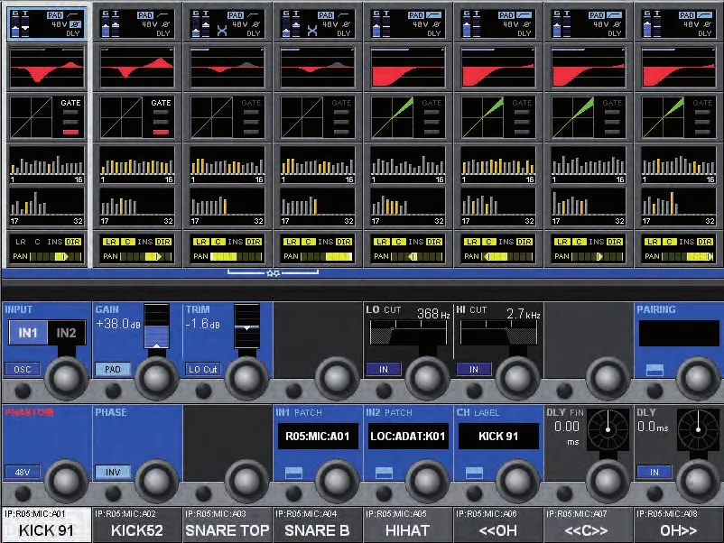 Soundcraft Vi2, Page Input des écrans Vistonics II : gain, trim, filtres, phase, patch et retard des 8 voies de la bay (capture du manuel commun Vi2, Vi4 et Vi6)