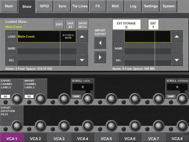 Soundcraft Vi2, Menu principal, onglet Show : chargement, sauvegarde et import des shows (capture du manuel commun Vi2, Vi4 et Vi6)