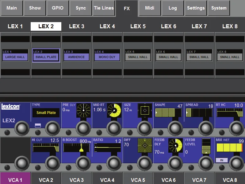 Soundcraft Vi2, Menu principal, onglet FX : les 8 moteurs d'effets Lexicon intégrés (capture du manuel commun Vi2, Vi4 et Vi6)