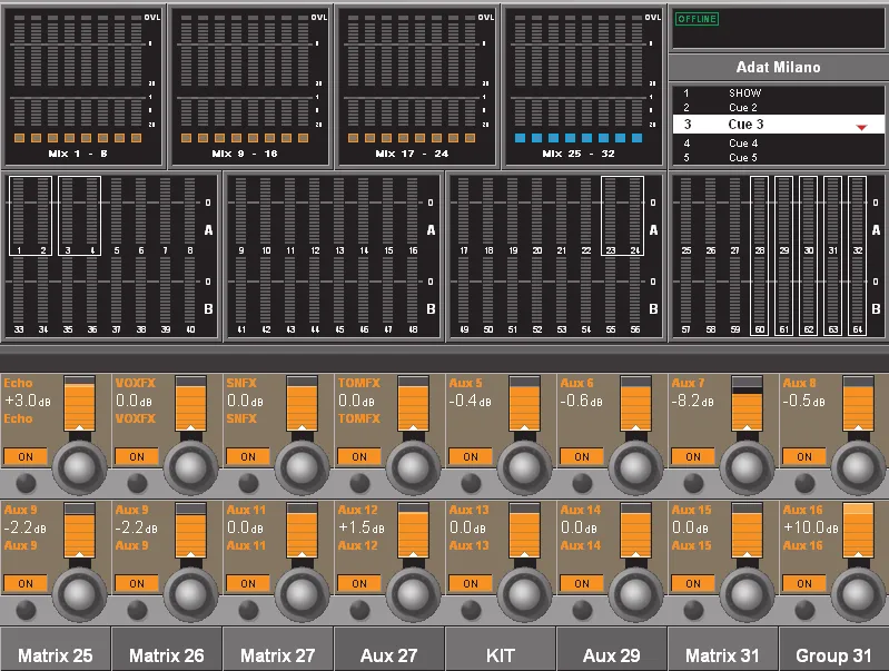 Soundcraft Vi2, Meters des 32 bus sur l'écran master et liste des cues du show (capture du manuel commun Vi2, Vi4 et Vi6)