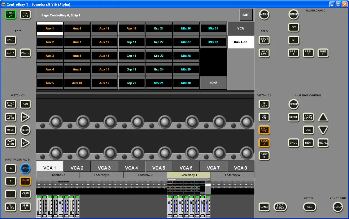 Éditeur hors ligne Virtual Vi, fenêtre Controlbay : affectation des bus de sortie aux faders, capture réalisée sur une Vi6 virtuelle