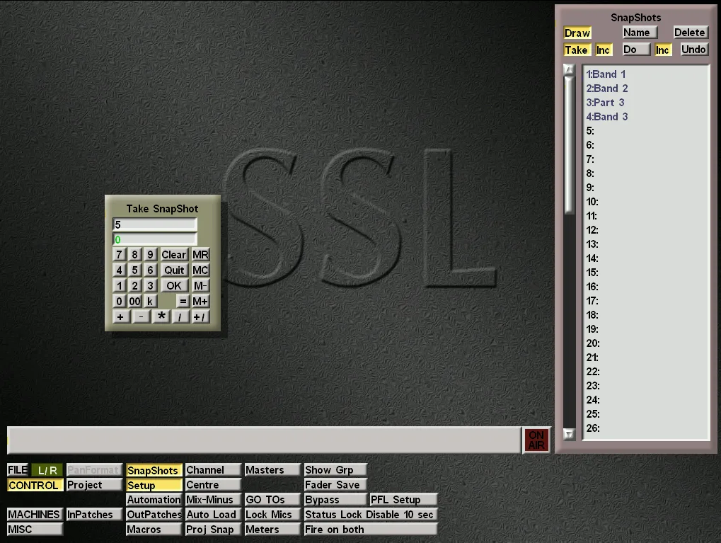 Écran de la console Aysis Air Plus : page SnapShots avec la liste des instantanés et le pavé Take SnapShot (capture du guide SSL)