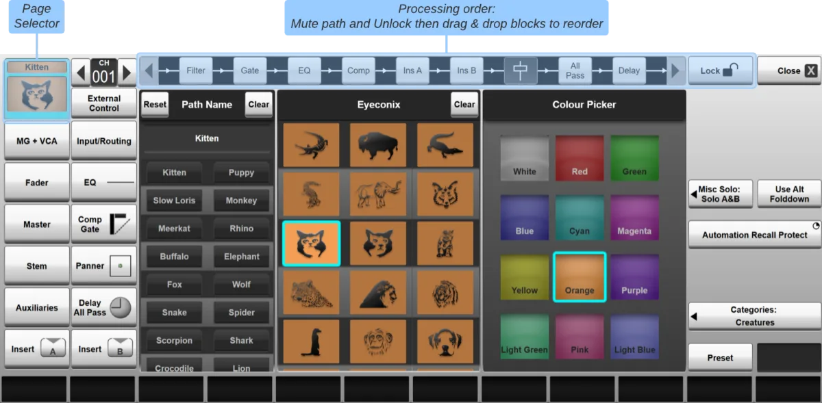 Vue Processing Order : ordre des blocs de traitement, icônes Eyeconix et couleurs (capture de l'aide en ligne SSL Live, logiciel commun à toutes les consoles Live)