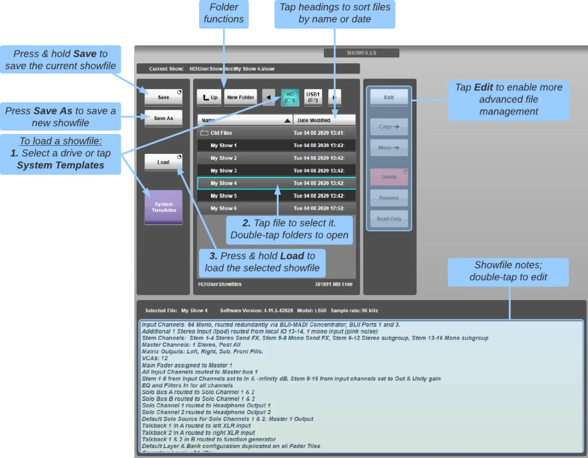 Gestion des showfiles : sauvegarde, chargement et notes (capture de l'aide en ligne SSL Live, logiciel commun à toutes les consoles Live)