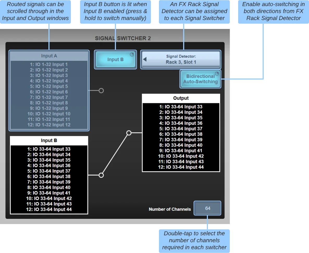 Signal Switcher : commutation automatique entre deux sources d'entrée (capture de l'aide en ligne SSL Live, logiciel commun à toutes les consoles Live)
