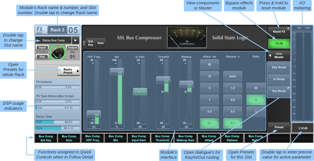 Rack d'effets intégré : module SSL Bus Compressor dans un slot FX (capture de l'aide en ligne SSL Live, logiciel commun à toutes les consoles Live)
