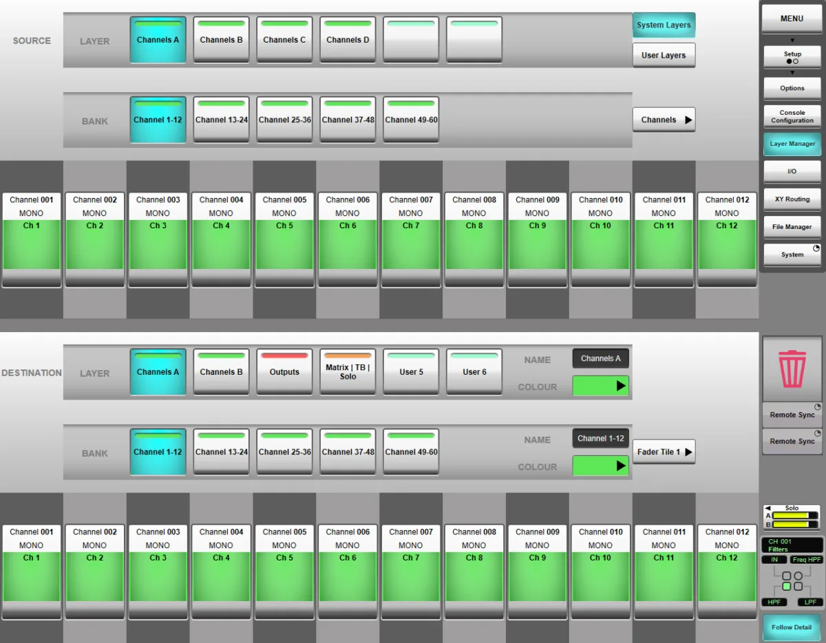 Layer Manager : affectation des chemins aux couches et banques de Fader Tiles (capture de l'aide en ligne SSL Live, logiciel commun à toutes les consoles Live)
