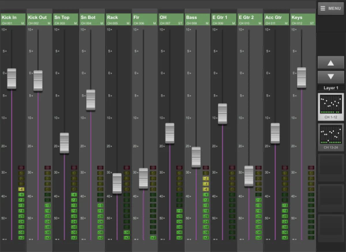 TaCo, page Aux : mix de retour en faders pour un musicien
