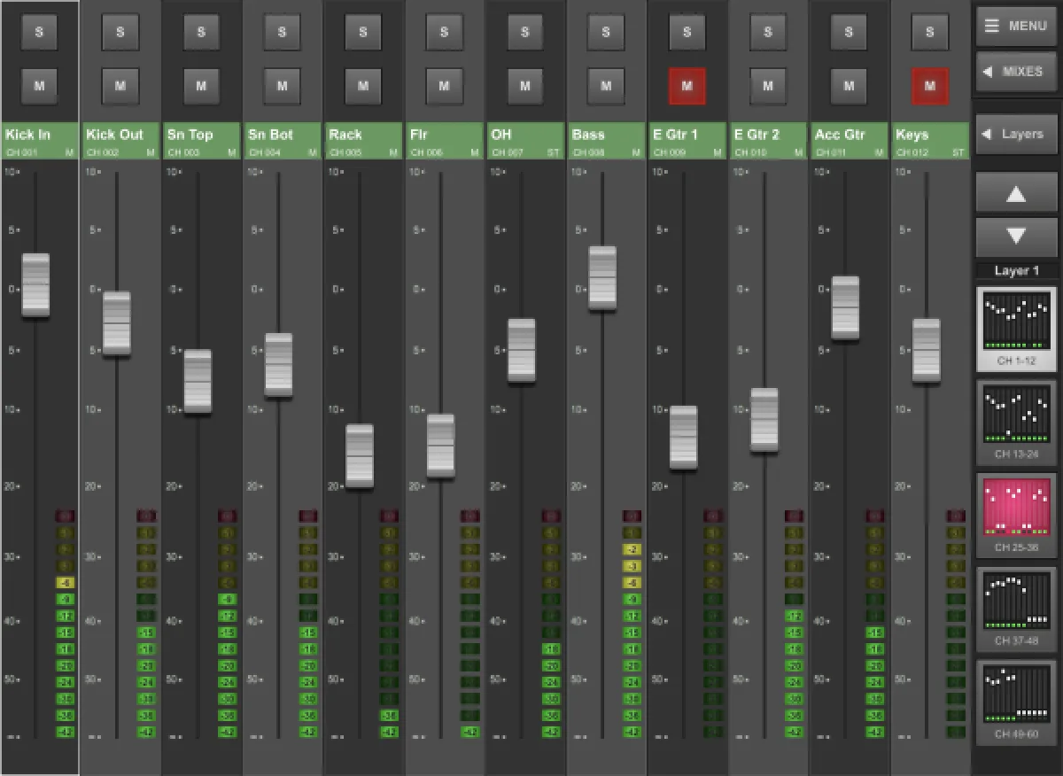 TaCo, faders ingénieur avec touches Solo et Mute et sélection de couche