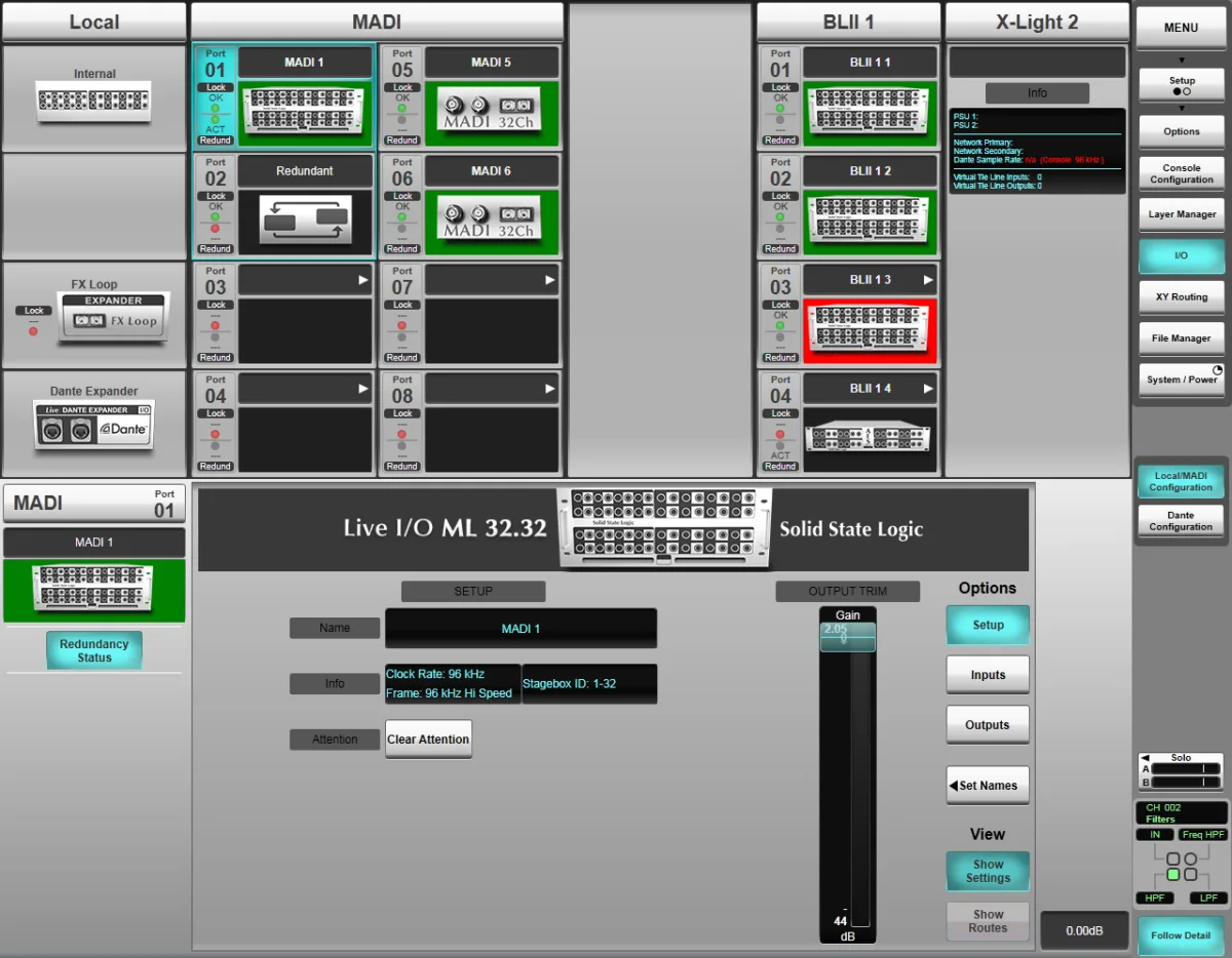 Page I/O : configuration des stageboxes et liaisons MADI, Blacklight II, X-Light et Dante (capture de l'aide en ligne SSL Live, logiciel commun à toutes les consoles Live)