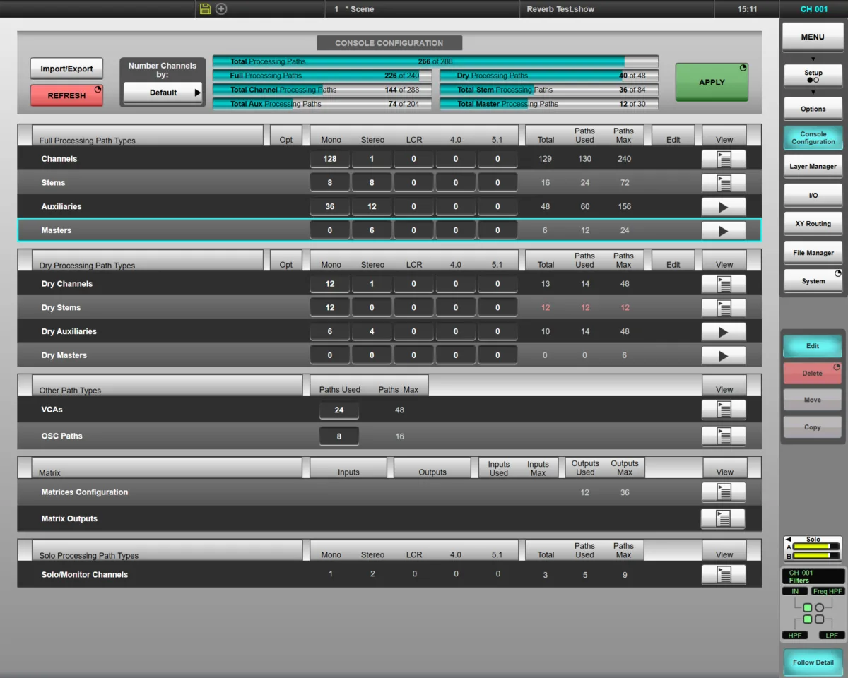 Console Configuration : répartition des chemins de traitement entre voies, stems, aux, masters et matrices (capture de l'aide en ligne SSL Live, logiciel commun à toutes les consoles Live)