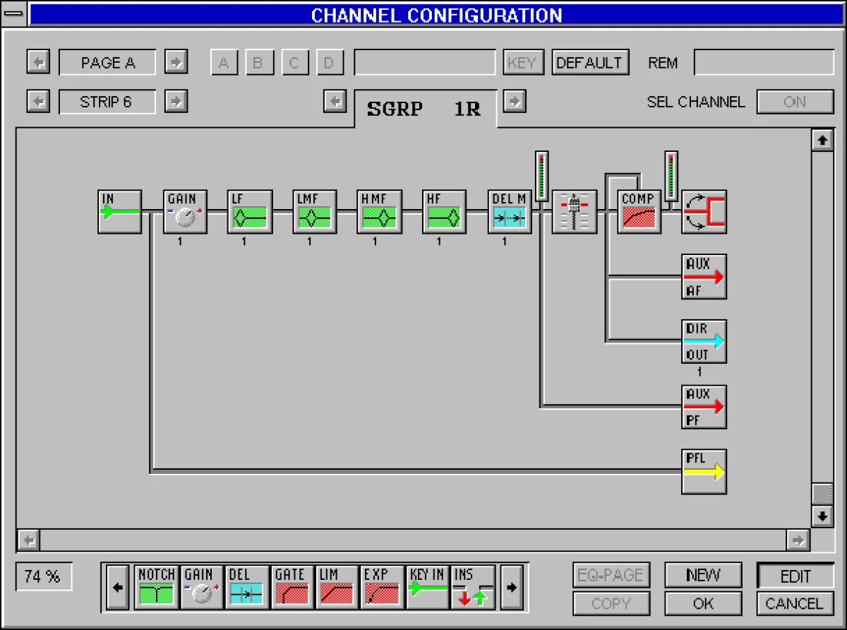 Logiciel graphique de commande Cantus, fenêtre Channel Configuration : chaîne de traitement de la voie (agrandi x2)