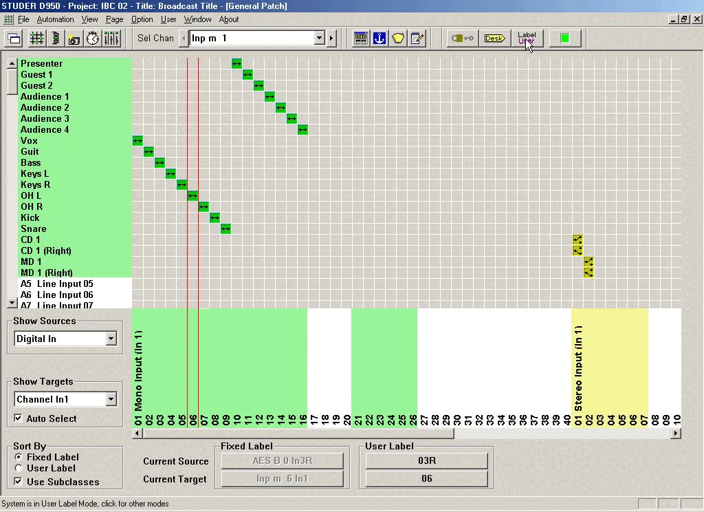 Graphical Controller de la D950, page de patch général : matrice des sources vers les entrées de canaux