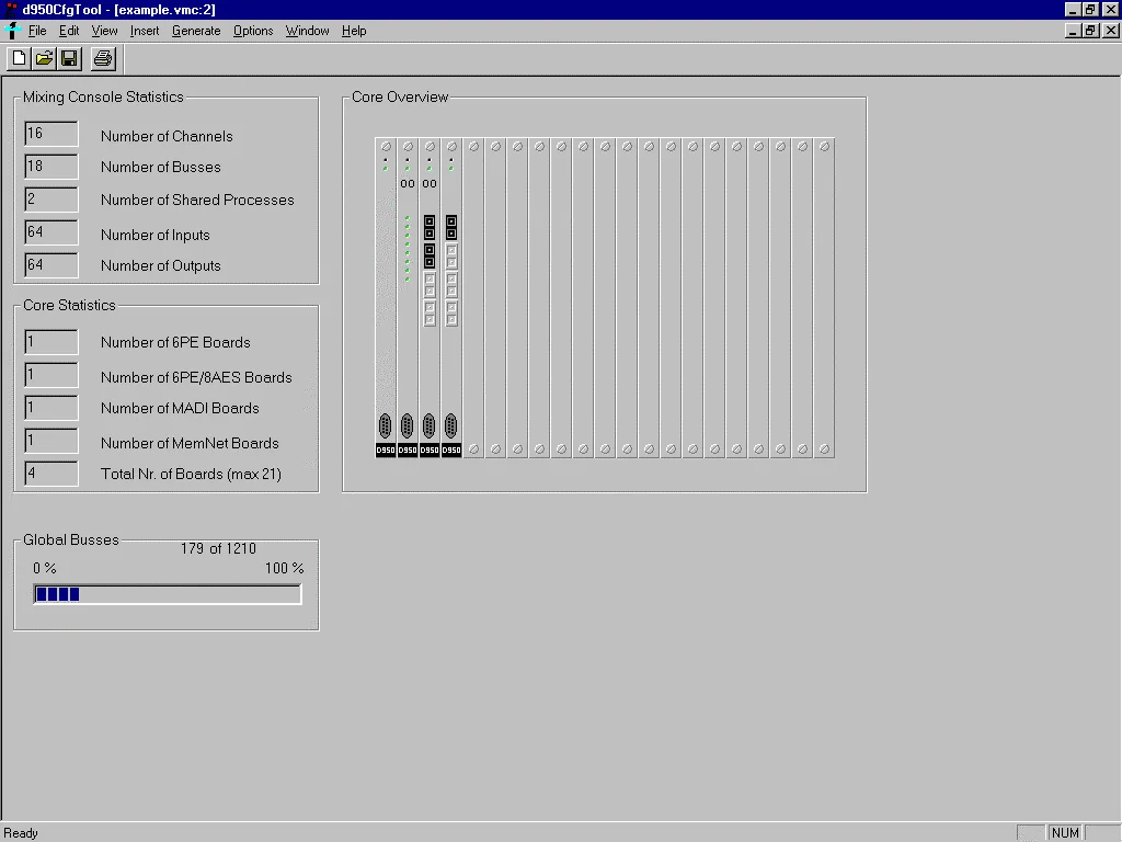 D950 Configuration Tool, statistiques de la console et vue du core