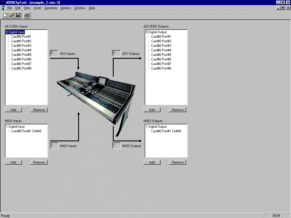 D950 Configuration Tool, entrées et sorties AES/EBU et MADI