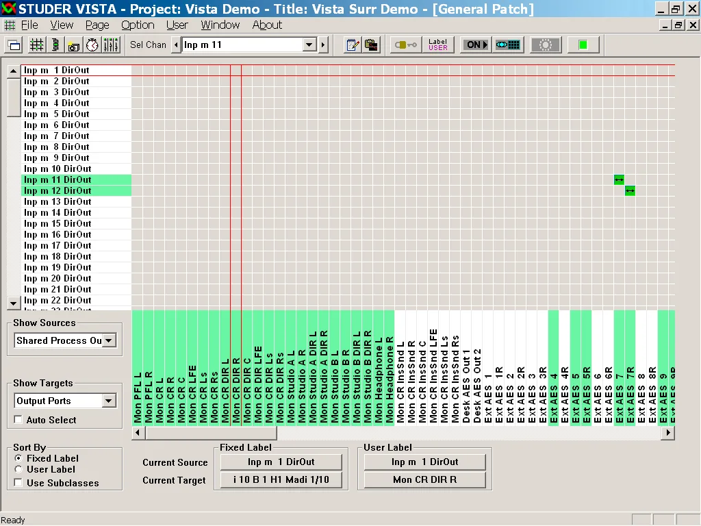 Graphical Controller, page de patch général : matrice des sources vers les entrées de canaux (capture du manuel Vista 9, logiciel Vista commun à la gamme)
