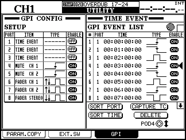 Écran UTILITY, page GPI : configuration GPI et événements temporels (version 2)
