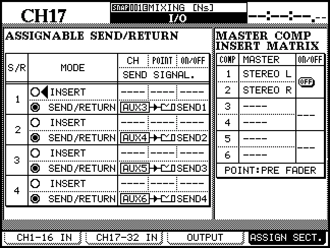 Écran I/O, ASSIGN SECT : départs/retours assignables et matrice d'insert du compresseur master