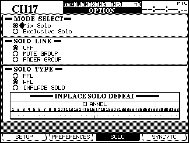Écran OPTION, page SOLO : mode, liaison et type de solo