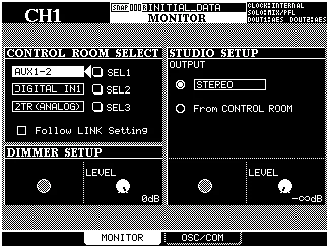 Écran MONITOR : sélection de la régie et du studio, dimmer