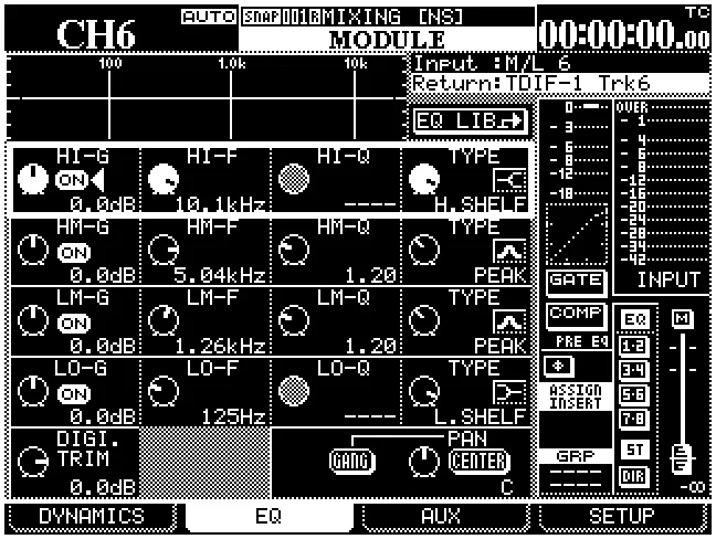 Écran MODULE, page EQ : égaliseur paramétrique 4 bandes avec courbe de réponse