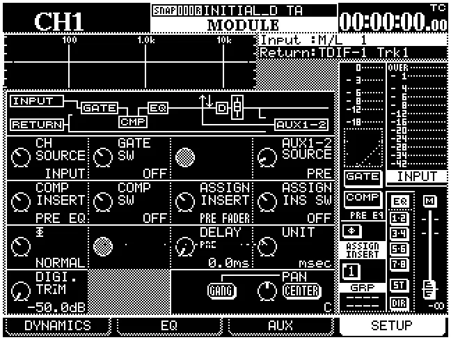 Écran MODULE, page SETUP : synoptique de la voie (source, gate, compresseur, insert, délai, phase)