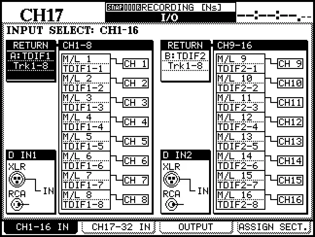 Écran I/O, INPUT SELECT : patch des entrées des voies 1 à 16