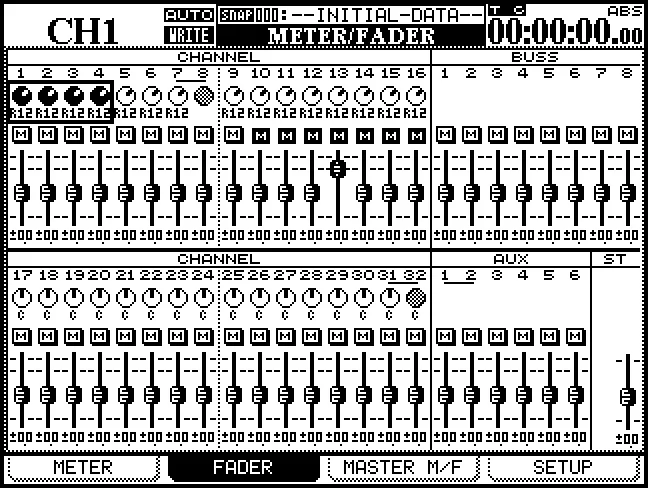 Écran METER/FADER, page FADER : positions des faders des voies, bus et aux