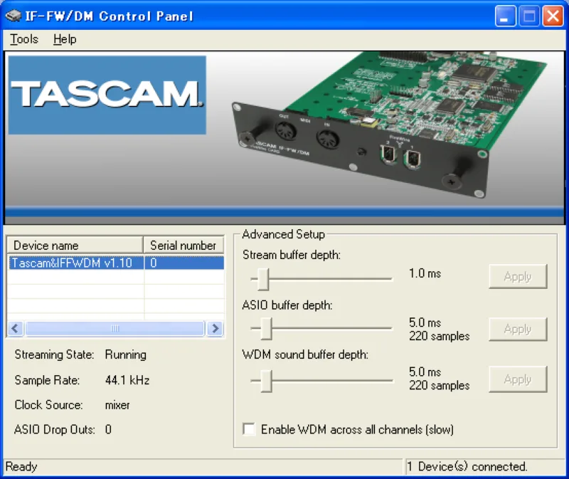 IF-FW/DM (pilote et Control Panel) — capture d’écran