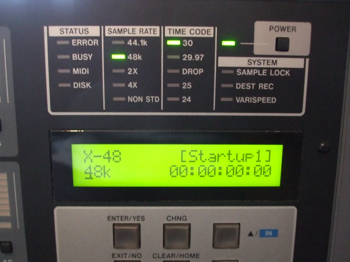 X-48 front-panel LCD at startup, with sampling rate and timecode indicators