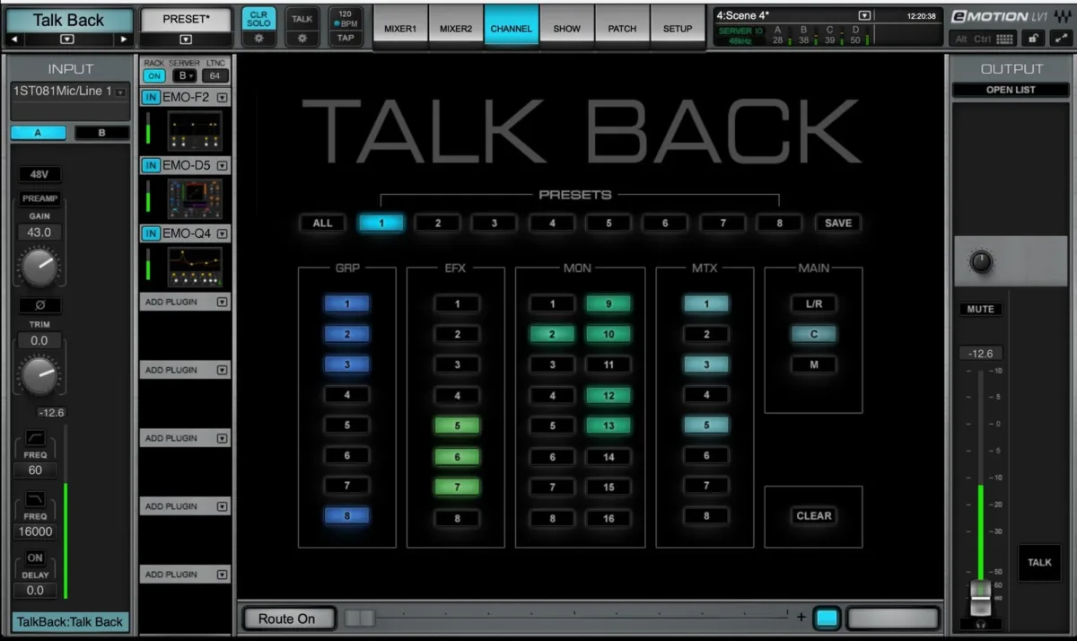 Écran d'eMotion LV1. Page Talkback : presets et affectation du micro d'ordre