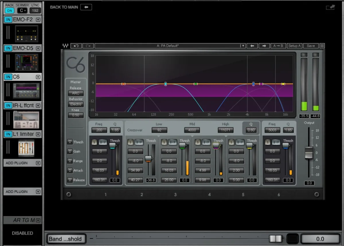 Écran d'eMotion LV1. Volet Plugin : plug-in Waves C6 ouvert dans la fenêtre Channel