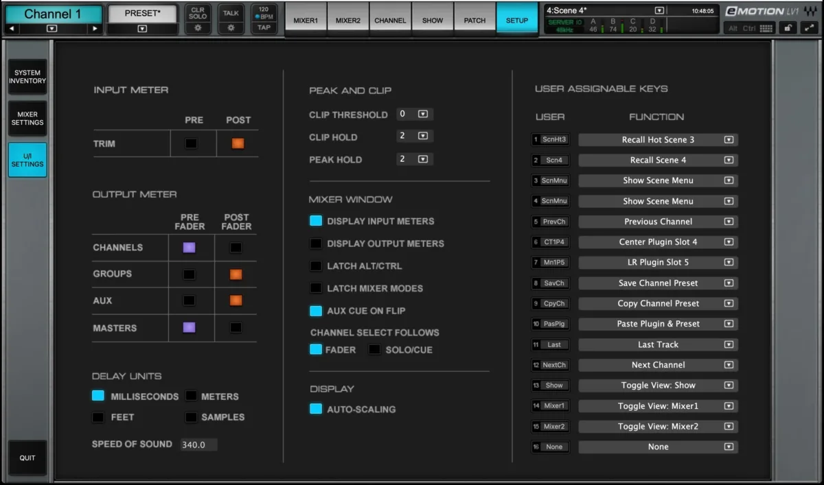 Écran d'eMotion LV1. Fenêtre Setup, page User Interface Settings et touches utilisateur