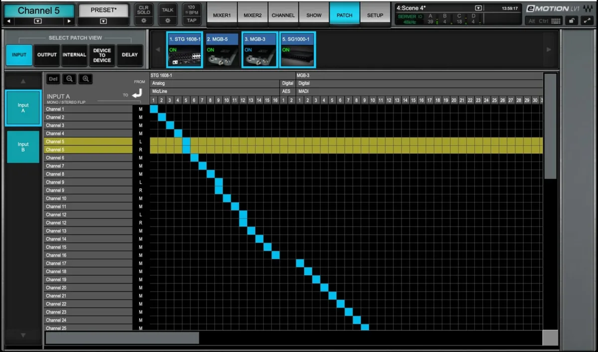 Écran d'eMotion LV1. Fenêtre Patch, entrées : grille de patch des I/O vers les voies