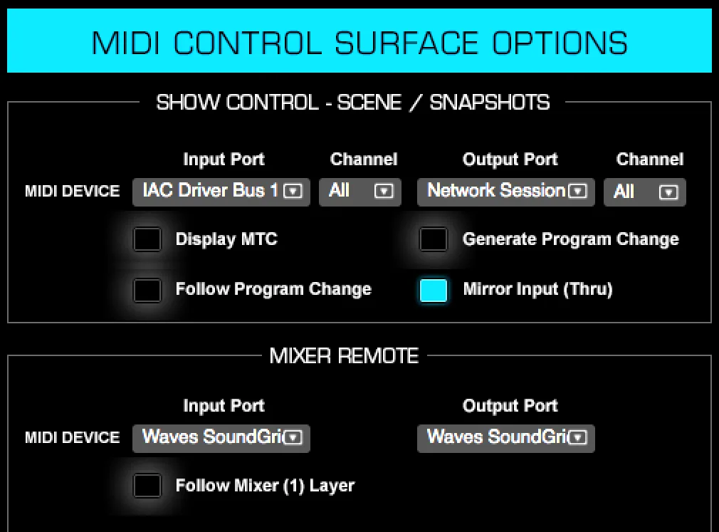Écran d'eMotion LV1. Panneau MIDI Control Surface Options