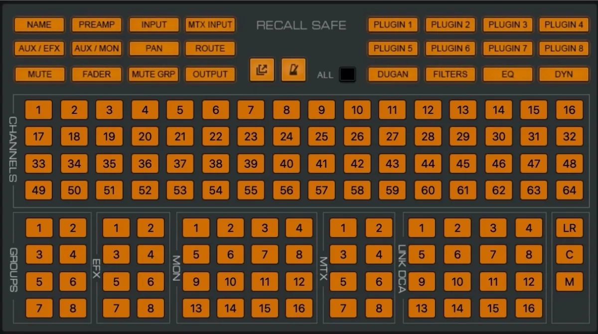 Écran d'eMotion LV1. Fenêtre Show, page Recall Safe