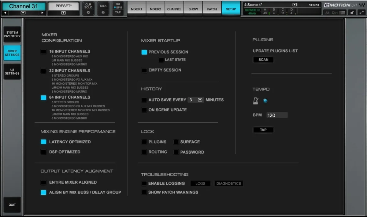 Écran d'eMotion LV1. Fenêtre Setup, page Mixer Settings