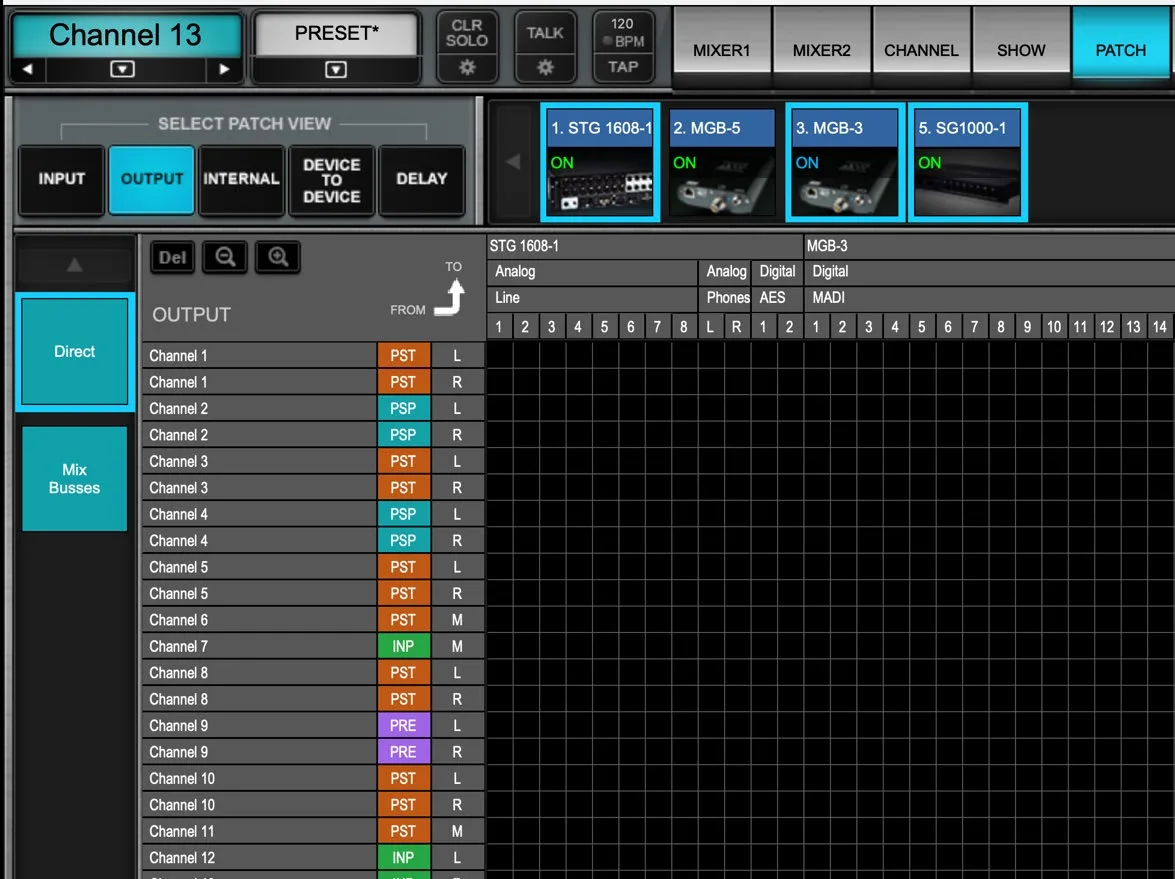 Écran d'eMotion LV1. Fenêtre Patch, sorties : grille des bus vers les I/O