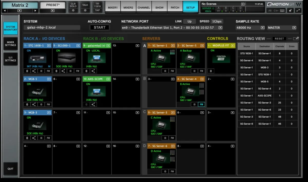 Écran d'eMotion LV1. Fenêtre Setup, page System Inventory : racks d'I/O, serveurs SoundGrid et contrôleurs