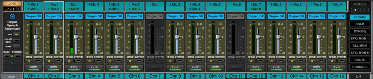 Écran d'eMotion LV1. Couche Dugan : automixeur Dugan Speech sur 16 voies (vue partielle de la fenêtre Mixer)