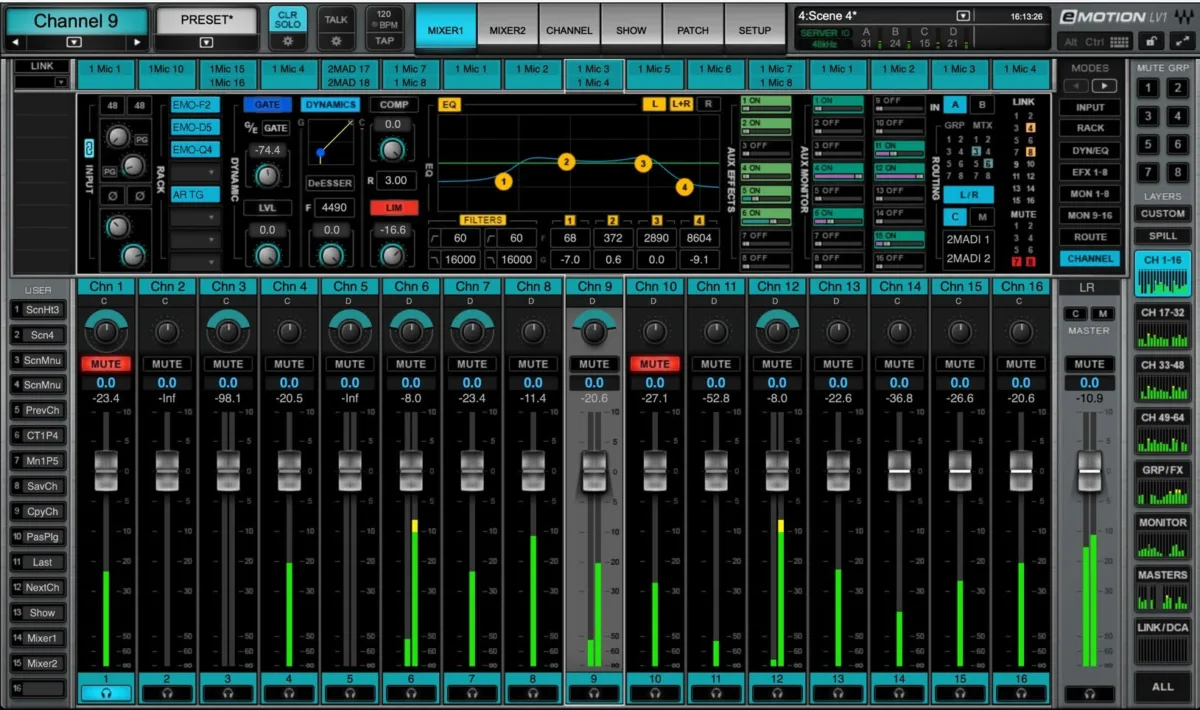 Écran d'eMotion LV1. Fenêtre Mixer en mode Channel : réglages de la voie sélectionnée au-dessus des 16 faders