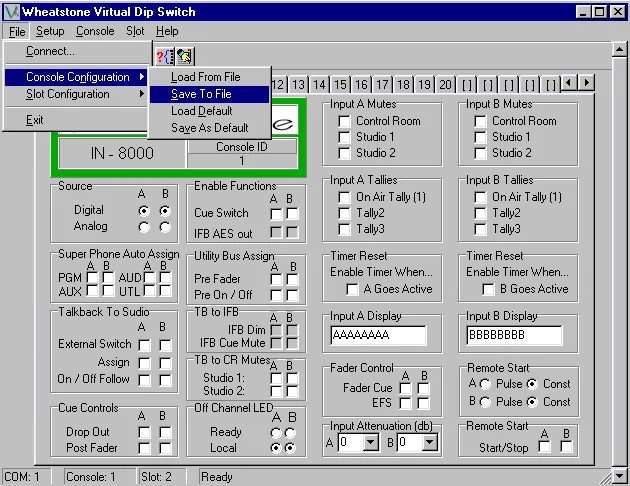 Virtual Dip Switch, menu de sauvegarde et chargement de la configuration console