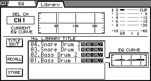 Écran de la 03D, EQ Library, bibliothèque d'égaliseurs