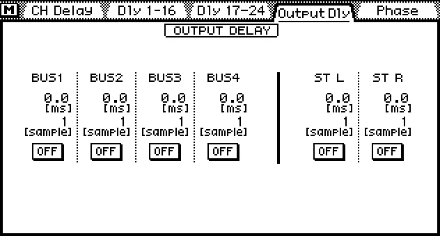 Écran de la 03D, Output Dly, retards des bus et de la sortie stéréo